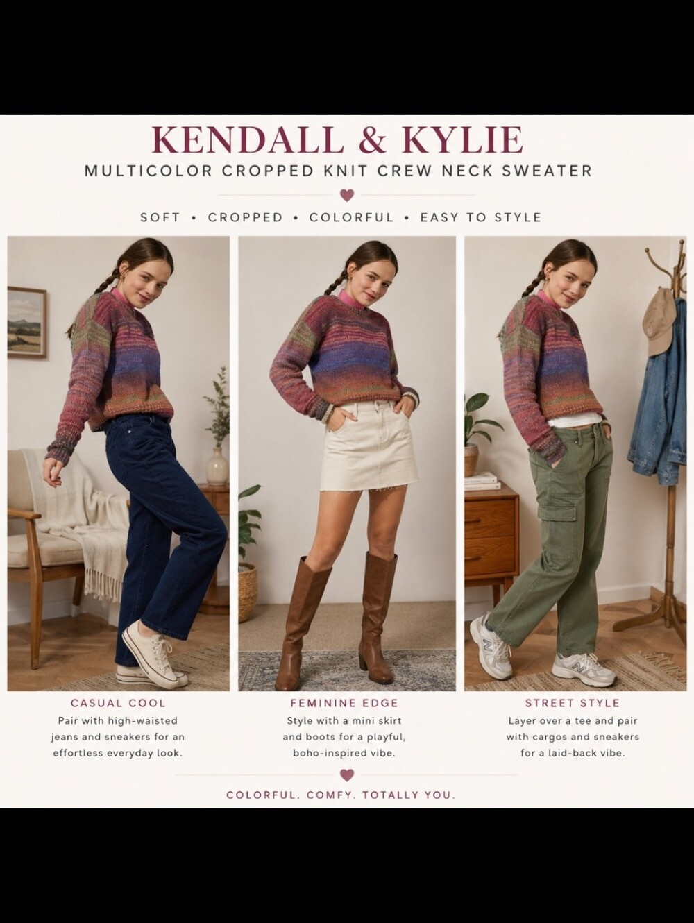 Kendall & Kylie ~ Multicolor Cropped Knit Crew Neck Sweater XS